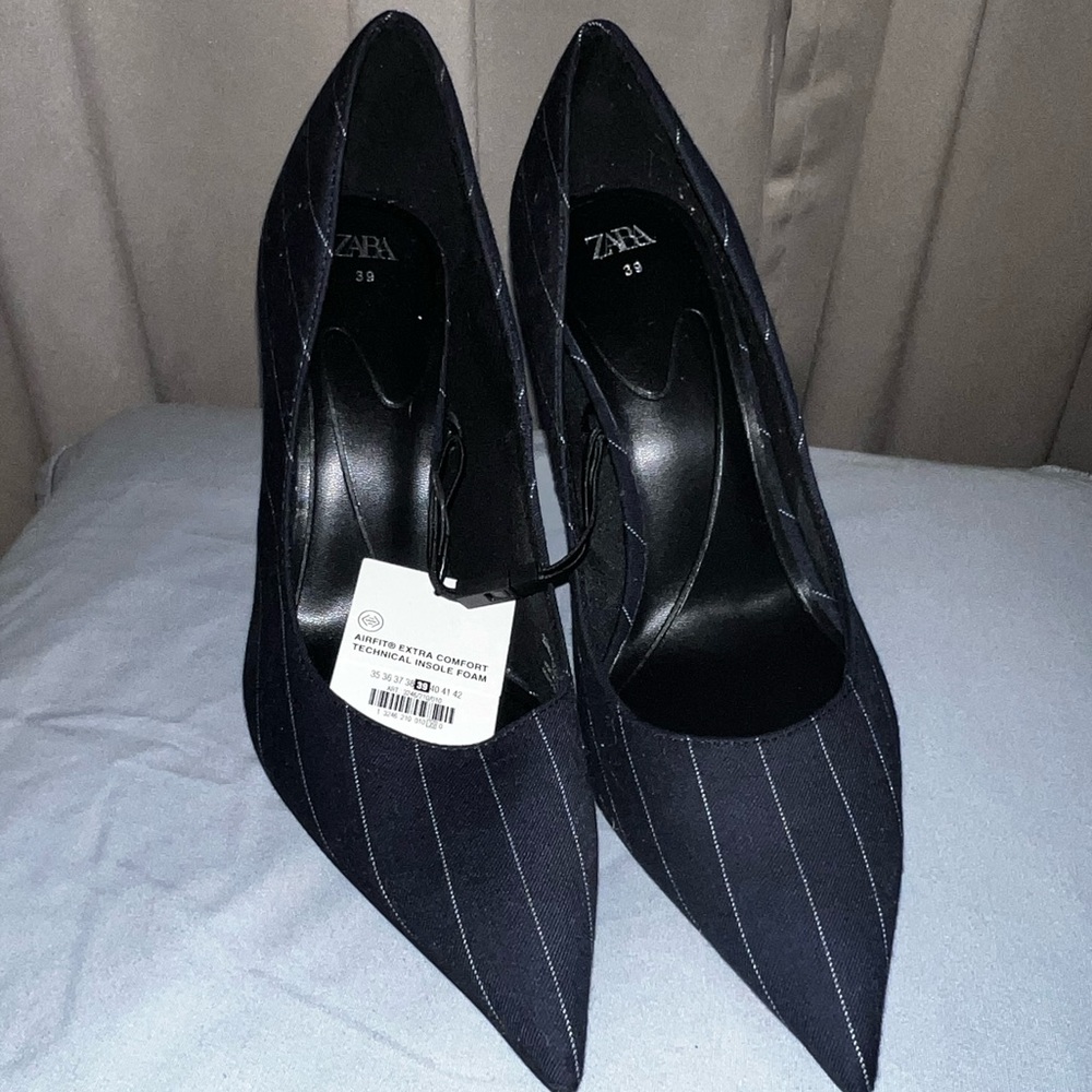Navy pinstripe heels